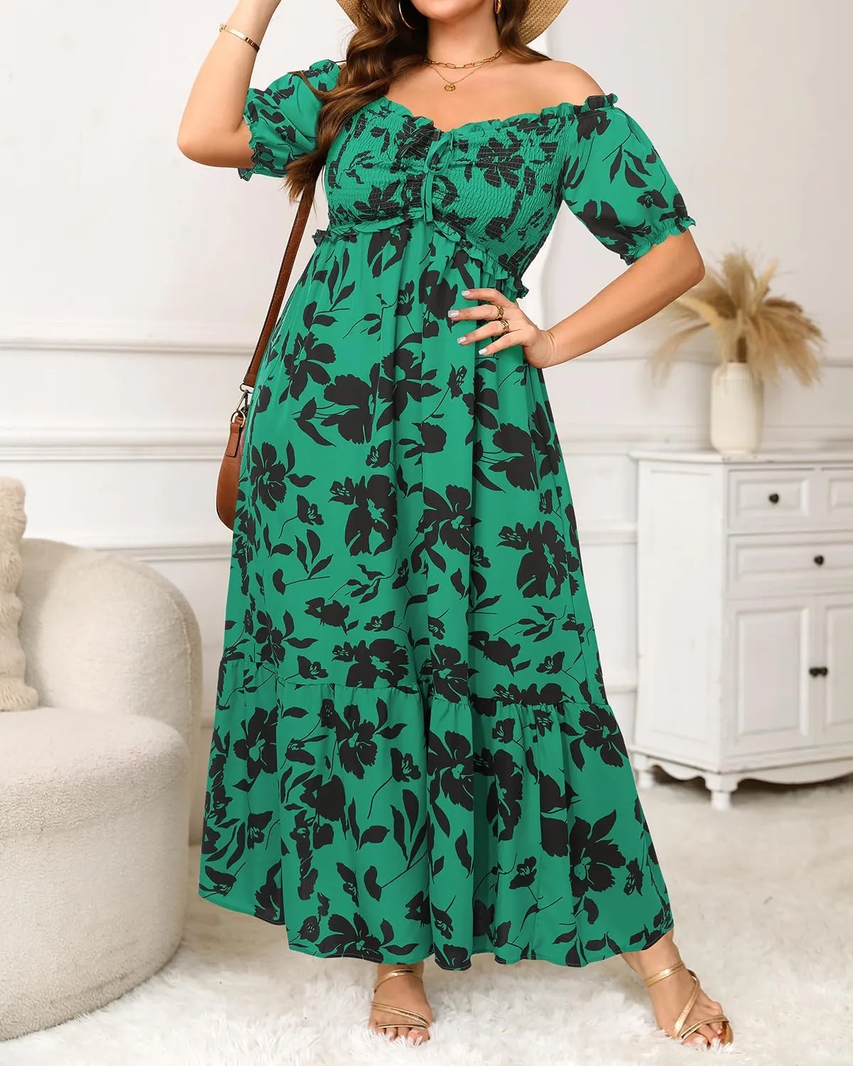 Plus Size Sun Dresses Women - Summer Off The Shoulder Puff Sleeve A Line Boho Maxi Flow Long Dress 2025