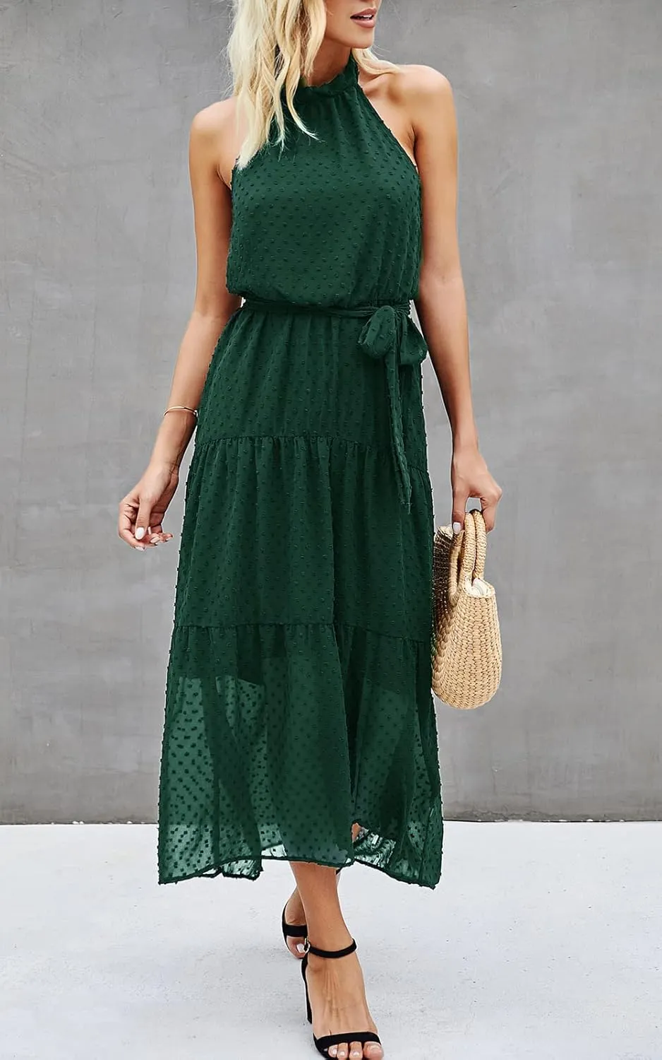 PRETTYGARDEN Womens Halter Neck Floral Long Maxi Dress Casual Sleeveless Backless Dresses Loose Ruffle Sundress with Belt