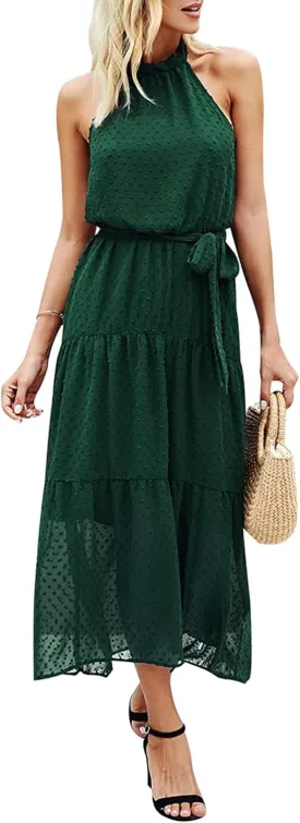 PRETTYGARDEN Womens Halter Neck Floral Long Maxi Dress Casual Sleeveless Backless Dresses Loose Ruffle Sundress with Belt