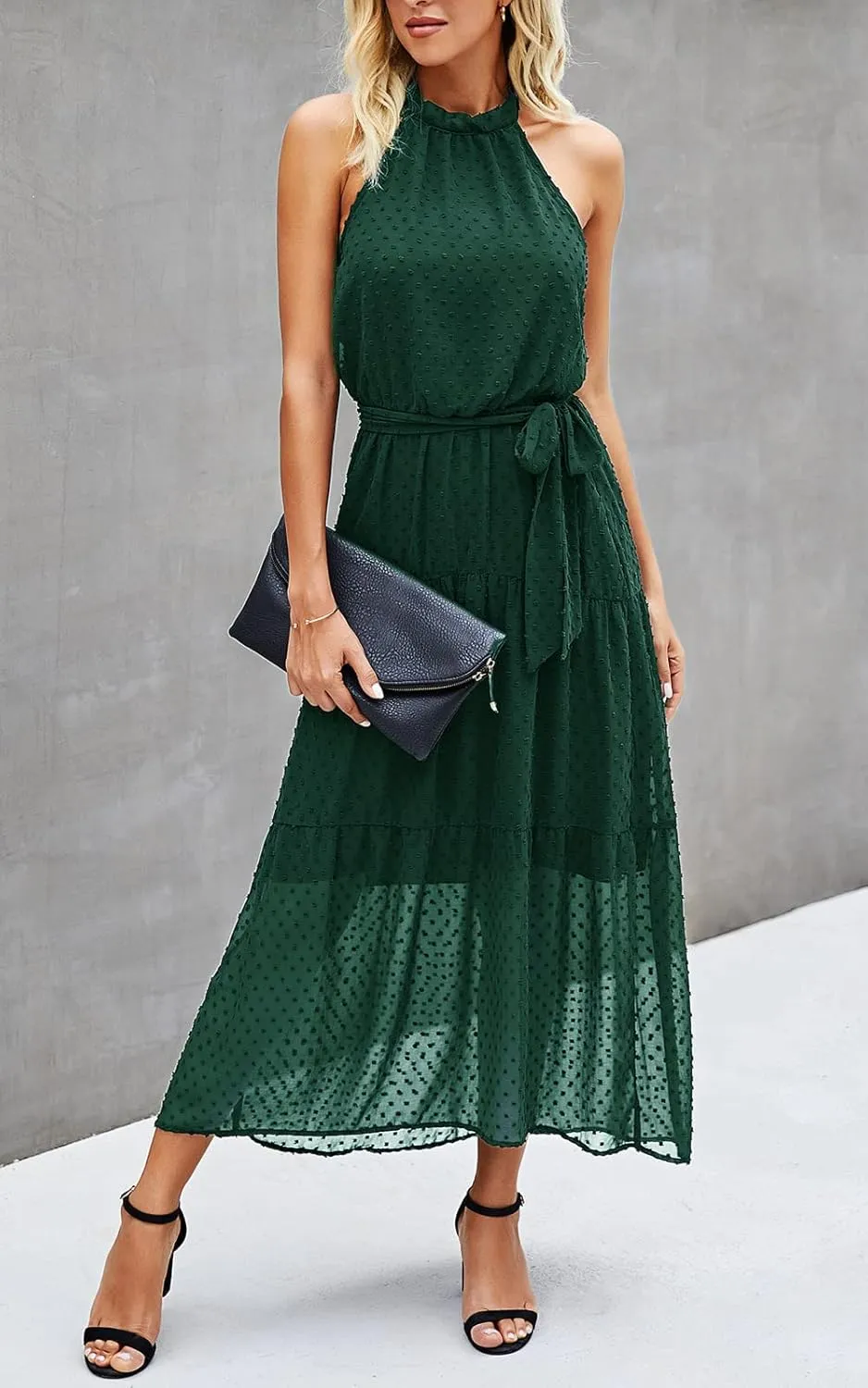 PRETTYGARDEN Womens Halter Neck Floral Long Maxi Dress Casual Sleeveless Backless Dresses Loose Ruffle Sundress with Belt