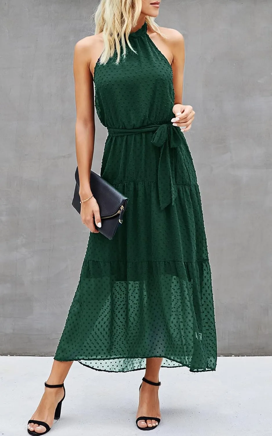 PRETTYGARDEN Womens Halter Neck Floral Long Maxi Dress Casual Sleeveless Backless Dresses Loose Ruffle Sundress with Belt