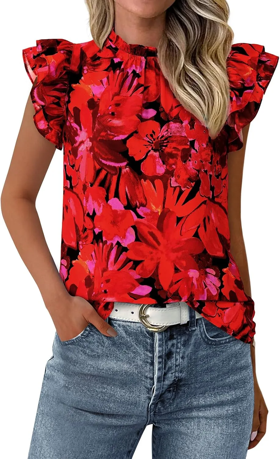 PRETTYGARDEN Women's Ruffle Short Sleeve Summer Tops 2025 Trendy Floral Trim Neck Casual Dressy Chiffon Boho Blouses Shirts