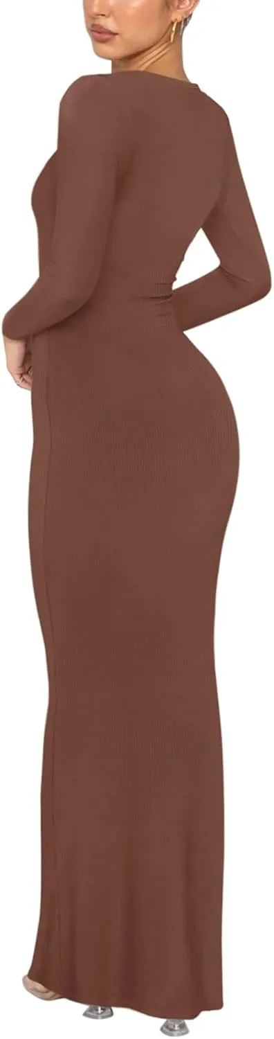 REORIA Women's Sexy Crew Neck Lounge Long Dress Elegant Long Sleeve Ribbed Bodycon Maxi Dresses