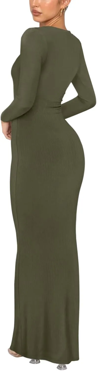 REORIA Women's Sexy Crew Neck Lounge Long Dress Elegant Long Sleeve Ribbed Bodycon Maxi Dresses