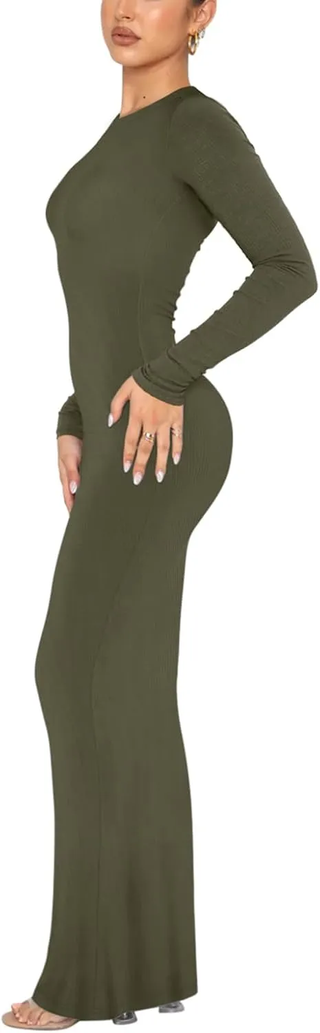 REORIA Women's Sexy Crew Neck Lounge Long Dress Elegant Long Sleeve Ribbed Bodycon Maxi Dresses