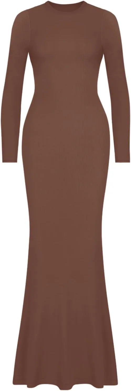 REORIA Women's Sexy Crew Neck Lounge Long Dress Elegant Long Sleeve Ribbed Bodycon Maxi Dresses