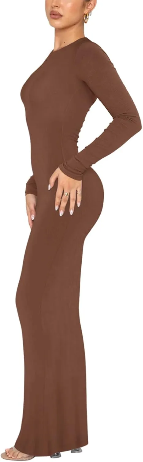 REORIA Women's Sexy Crew Neck Lounge Long Dress Elegant Long Sleeve Ribbed Bodycon Maxi Dresses