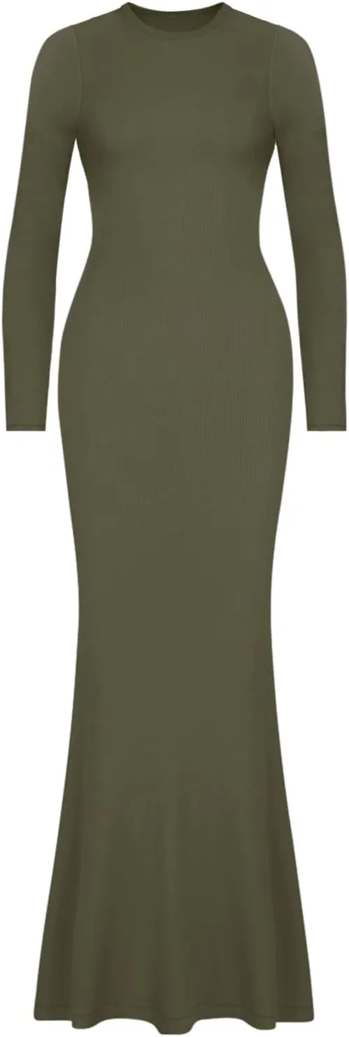 REORIA Women's Sexy Crew Neck Lounge Long Dress Elegant Long Sleeve Ribbed Bodycon Maxi Dresses