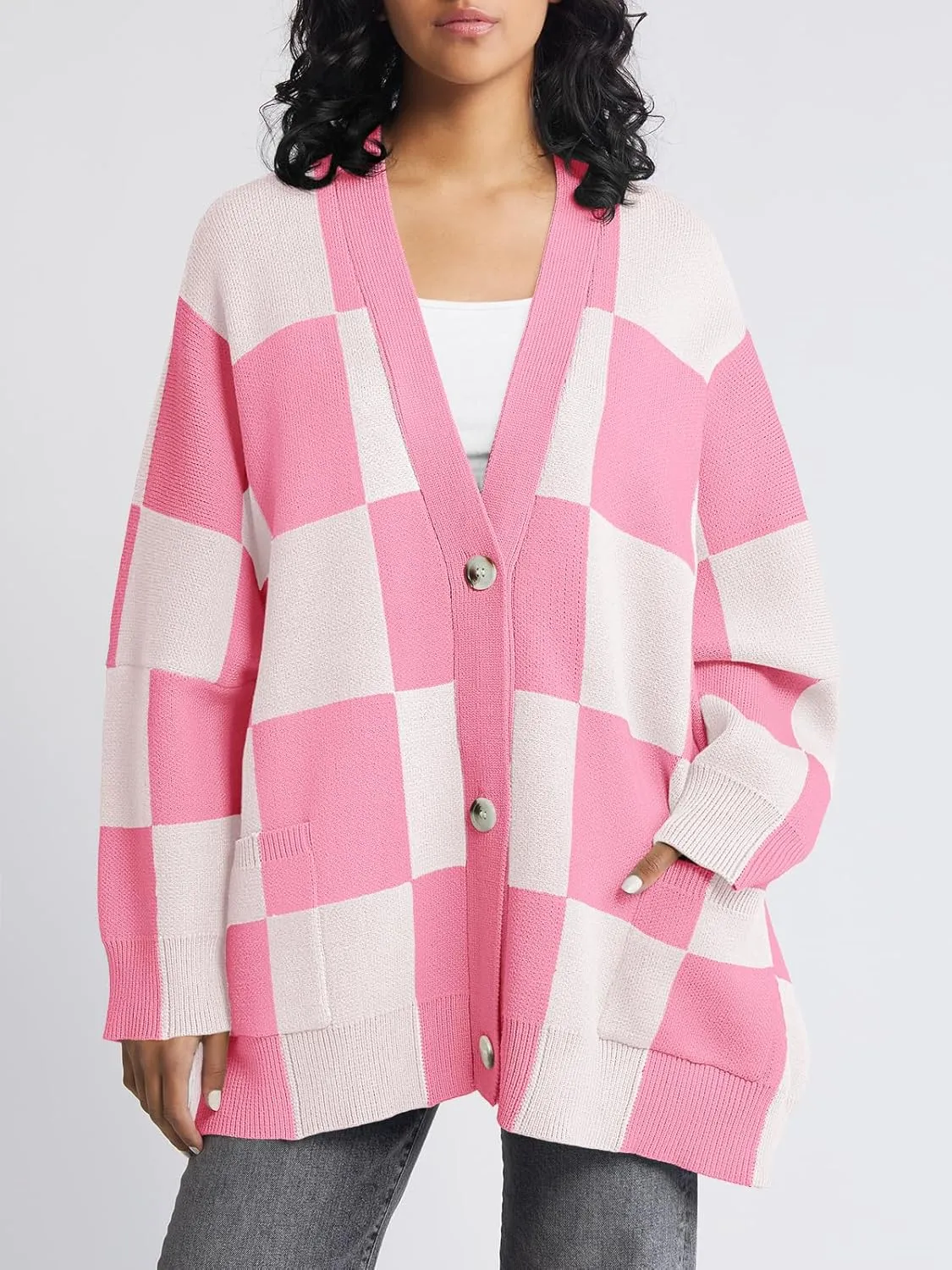Saodimallsu Womens Checkered Sweater Color Block Plaid Oversized Cardigan Long Sleeve V Neck Button Down Knit Coats