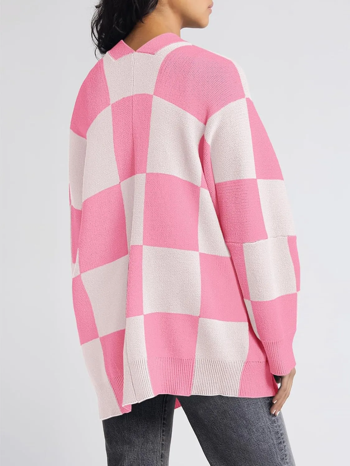 Saodimallsu Womens Checkered Sweater Color Block Plaid Oversized Cardigan Long Sleeve V Neck Button Down Knit Coats