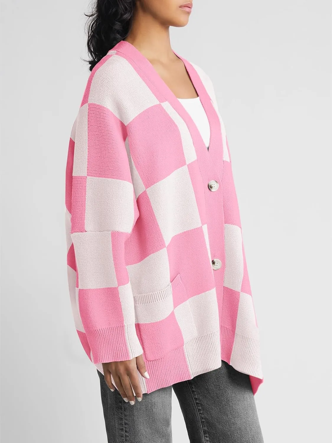 Saodimallsu Womens Checkered Sweater Color Block Plaid Oversized Cardigan Long Sleeve V Neck Button Down Knit Coats