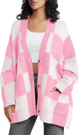 Saodimallsu Womens Checkered Sweater Color Block Plaid Oversized Cardigan Long Sleeve V Neck Button Down Knit Coats