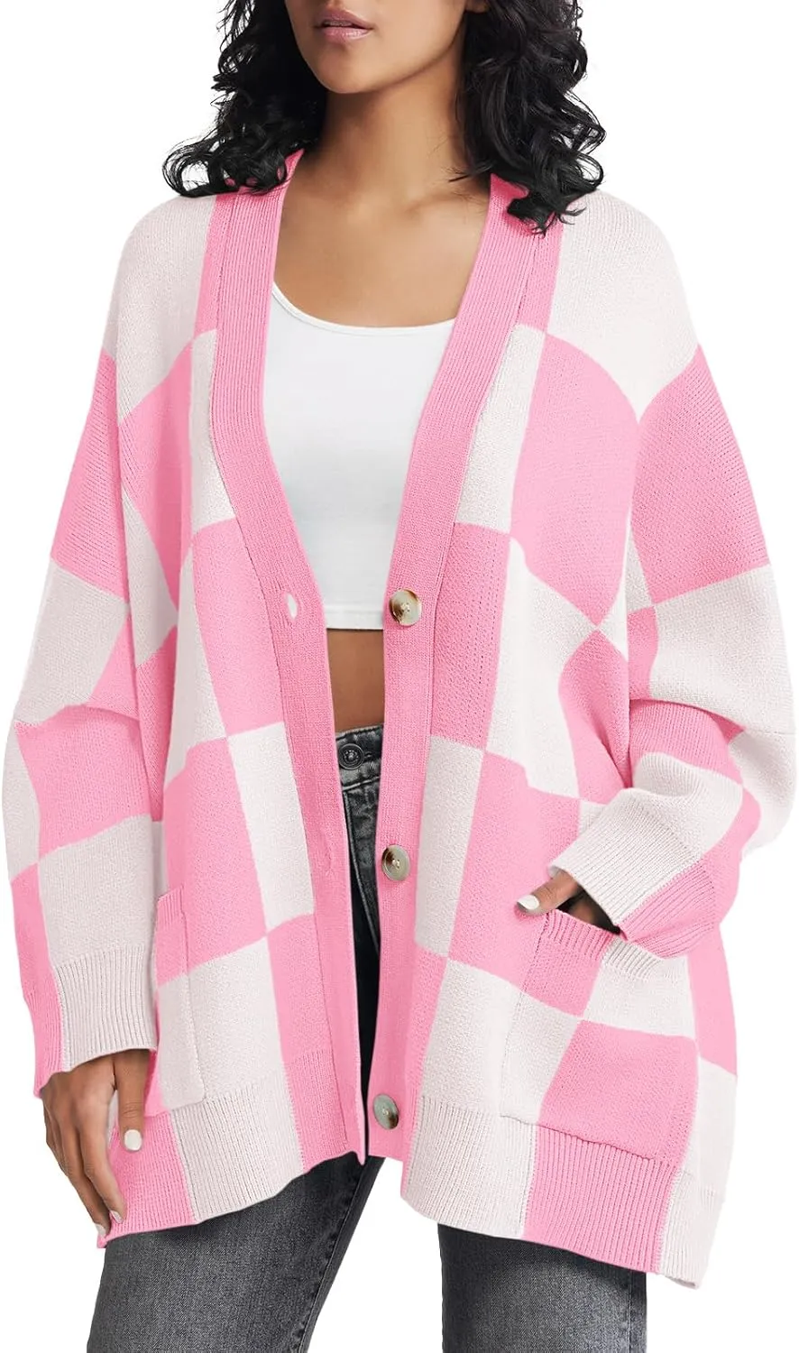 Saodimallsu Womens Checkered Sweater Color Block Plaid Oversized Cardigan Long Sleeve V Neck Button Down Knit Coats