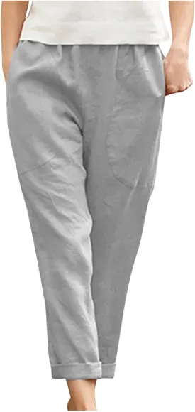 SMIDOW Womens Cotton Linen High Waist Pants Plus Size Casual Elastic Straight Leg Cropped Pant Trousers with Pockets