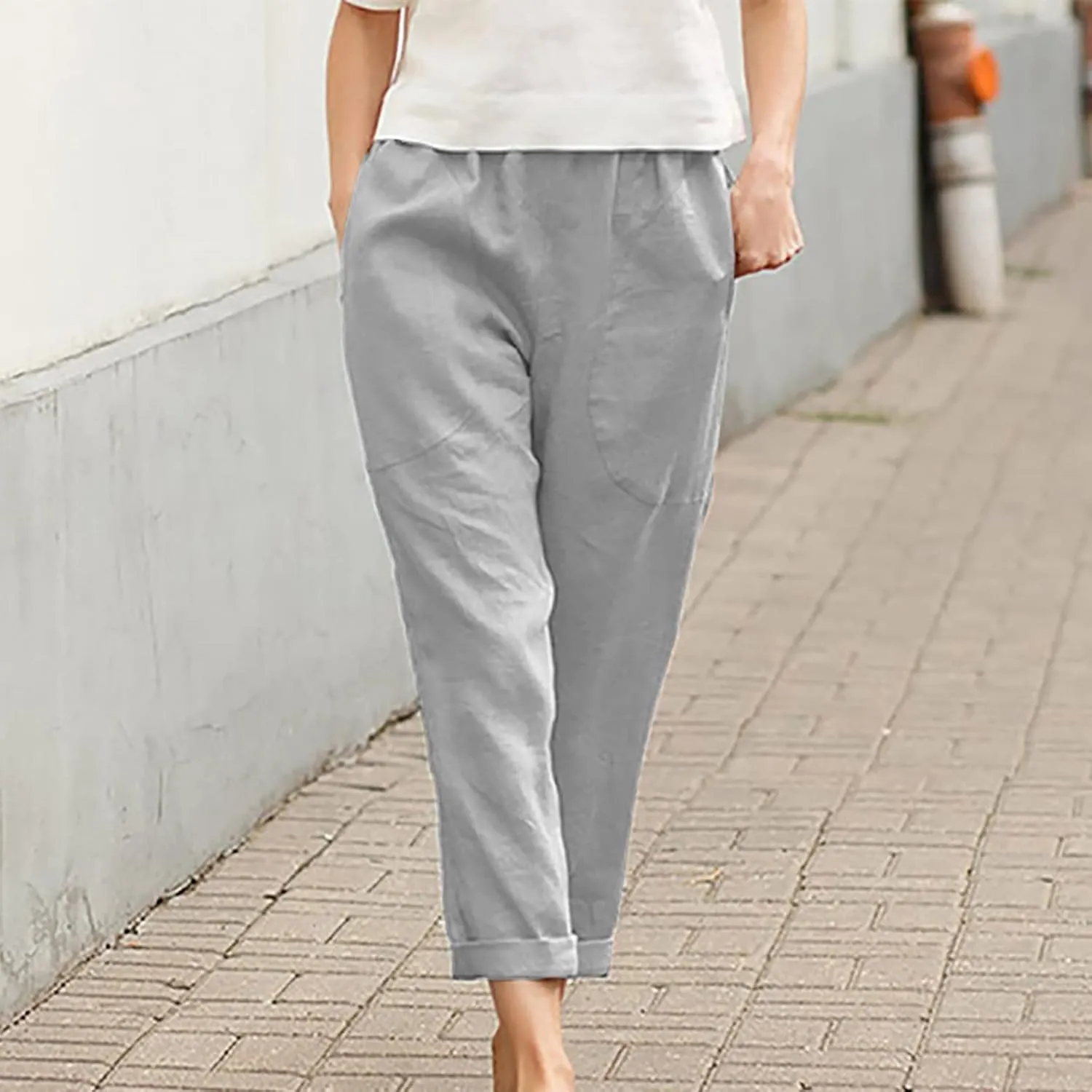 SMIDOW Womens Cotton Linen High Waist Pants Plus Size Casual Elastic Straight Leg Cropped Pant Trousers with Pockets