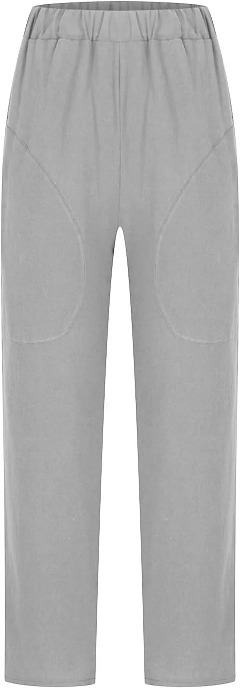 SMIDOW Womens Cotton Linen High Waist Pants Plus Size Casual Elastic Straight Leg Cropped Pant Trousers with Pockets