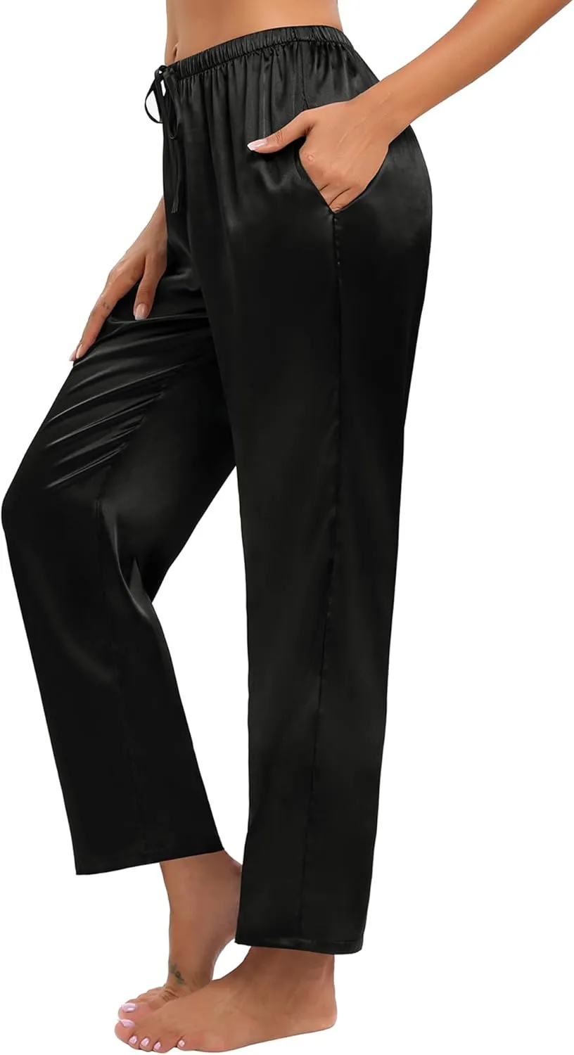 SWOMOG Women's Silk Satin Pajama Pants Soft Long Lounge Pant Drawstring Trousers Casual Sleepwear Pj Bottoms with Pockets