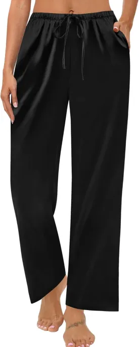 SWOMOG Women's Silk Satin Pajama Pants Soft Long Lounge Pant Drawstring Trousers Casual Sleepwear Pj Bottoms with Pockets