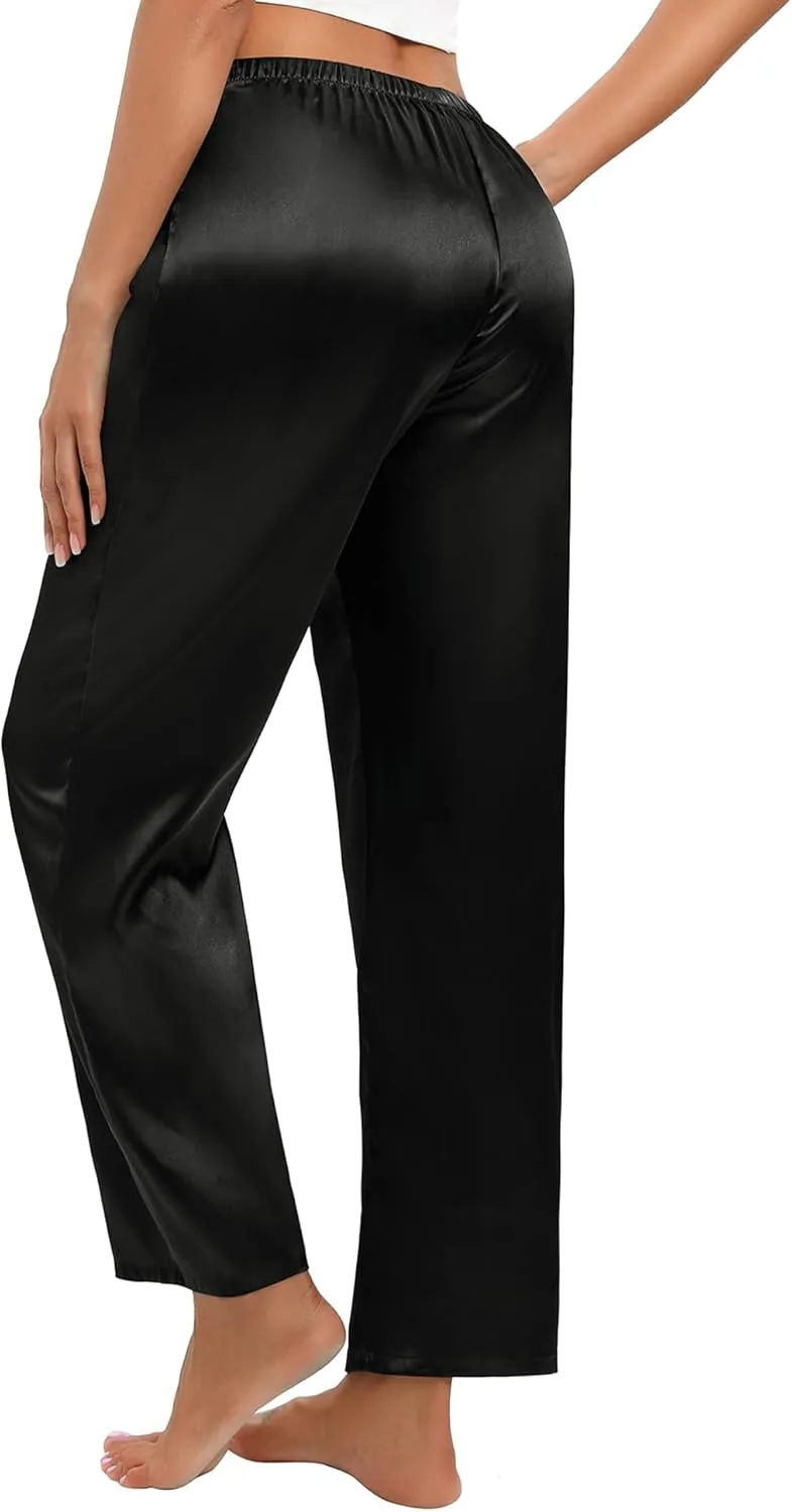SWOMOG Women's Silk Satin Pajama Pants Soft Long Lounge Pant Drawstring Trousers Casual Sleepwear Pj Bottoms with Pockets