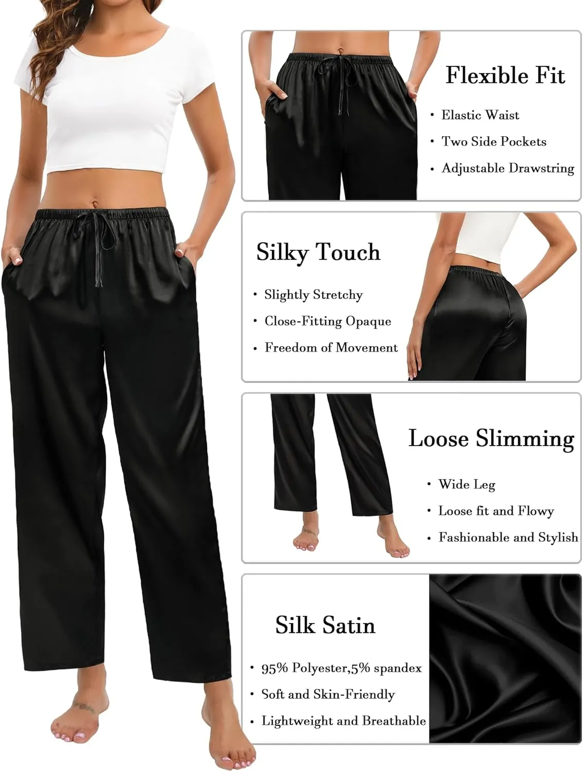 SWOMOG Women's Silk Satin Pajama Pants Soft Long Lounge Pant Drawstring Trousers Casual Sleepwear Pj Bottoms with Pockets