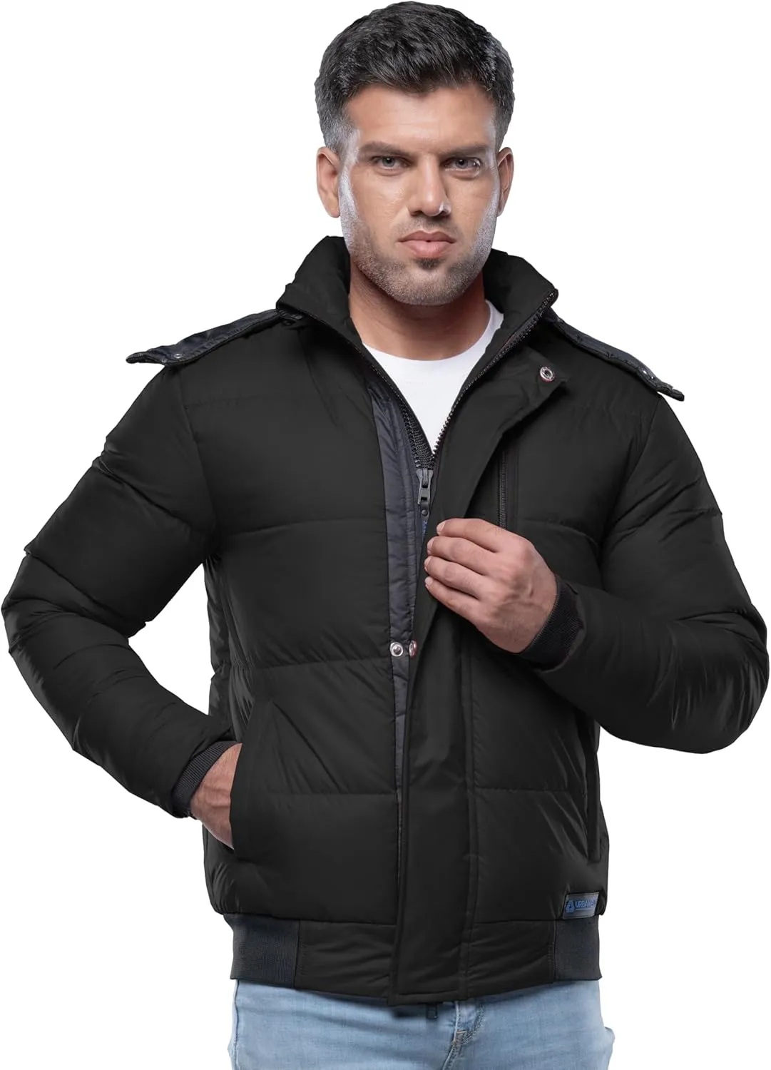 URBAN BUCK Mens Faux Fur Trimmed Hood Puffer Jacket Midweight Winter Down Windproof & Water Repellent Men Climbing Jackets