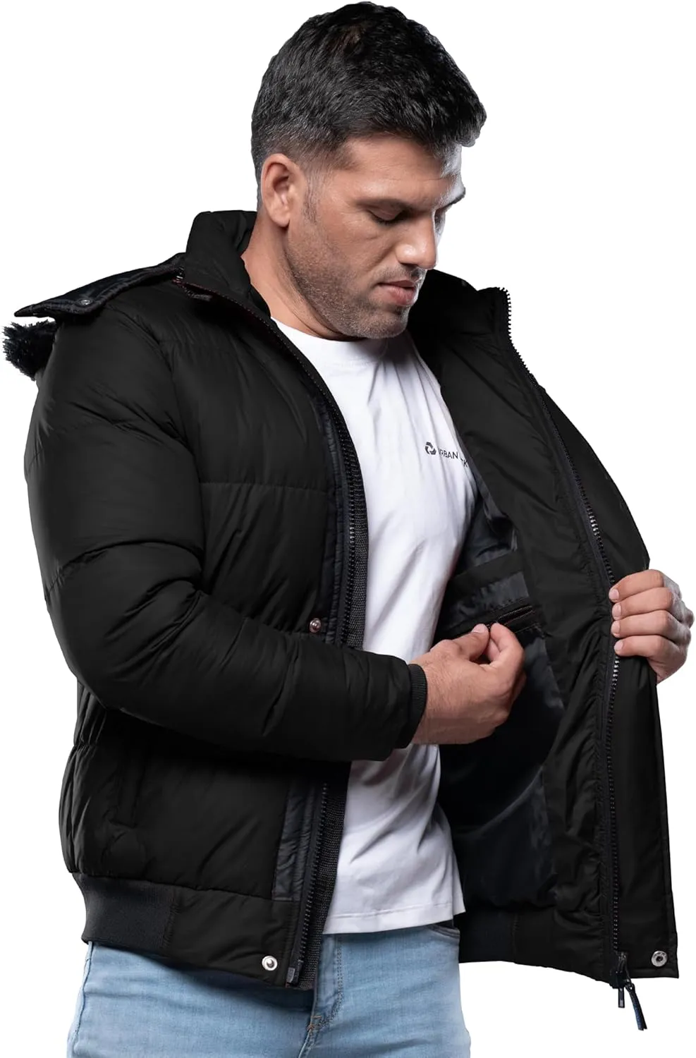 URBAN BUCK Mens Faux Fur Trimmed Hood Puffer Jacket Midweight Winter Down Windproof & Water Repellent Men Climbing Jackets
