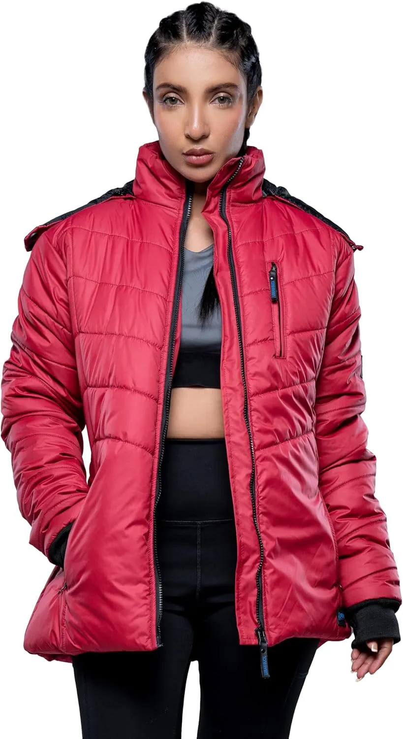 URBAN BUCK Women Puffer Jacket Faux Fur Trimmed Hooded Midweight Windproof & Water Repellent Paola Red Womens Winter Down Hiking Coat (XL)