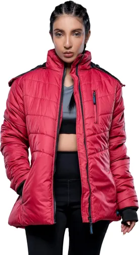 URBAN BUCK Women Puffer Jacket Faux Fur Trimmed Hooded Midweight Windproof & Water Repellent Paola Red Womens Winter Down Hiking Coat (XL)