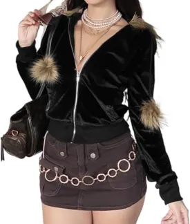 Velvet Hoodies for Women, Long Sleeve Zip Sweatshirt Crop Top Jackets with Fur Hooded Drawstrings, Retro Y2k
