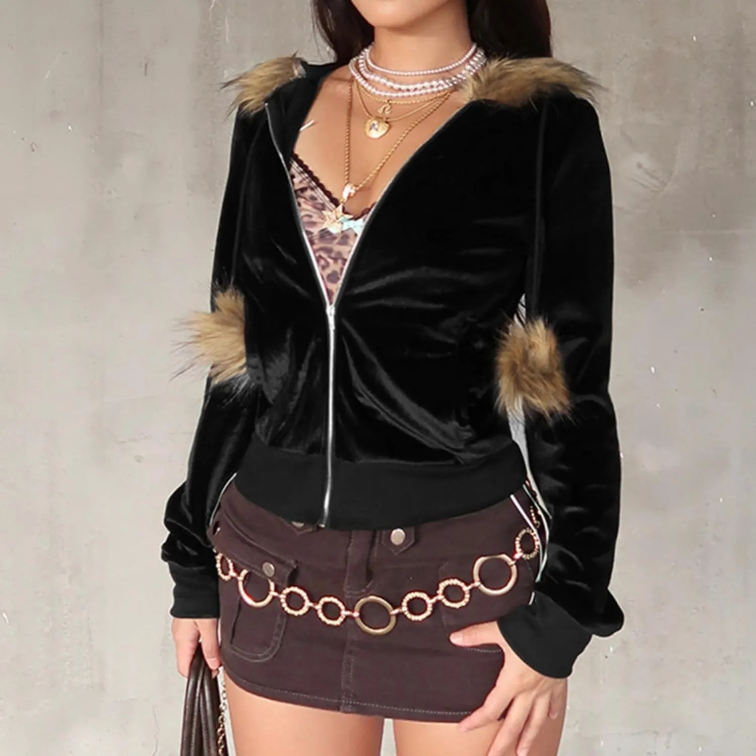 Velvet Hoodies for Women, Long Sleeve Zip Sweatshirt Crop Top Jackets with Fur Hooded Drawstrings, Retro Y2k