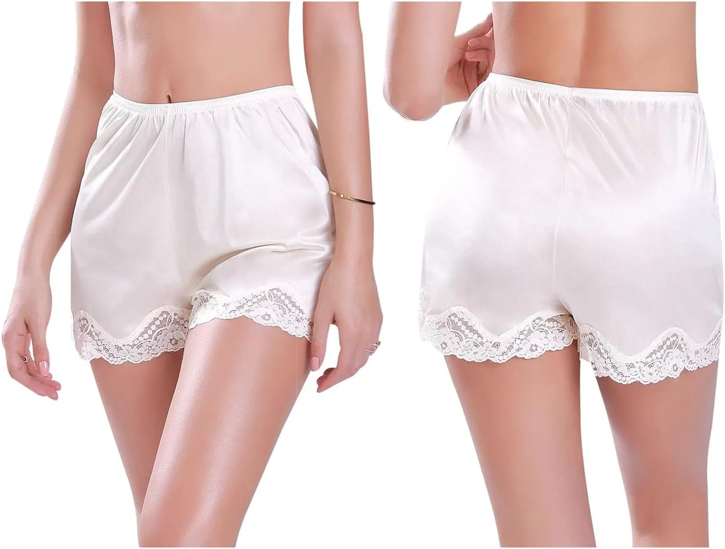 Women Lace Edge Pyjama Bottoms Solid Color Loose Soft Satin Silk Pettipants Summer Casual Half Slip Shorts