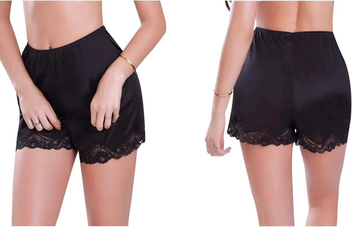 Women Lace Edge Pyjama Bottoms Solid Color Loose Soft Satin Silk Pettipants Summer Casual Half Slip Shorts