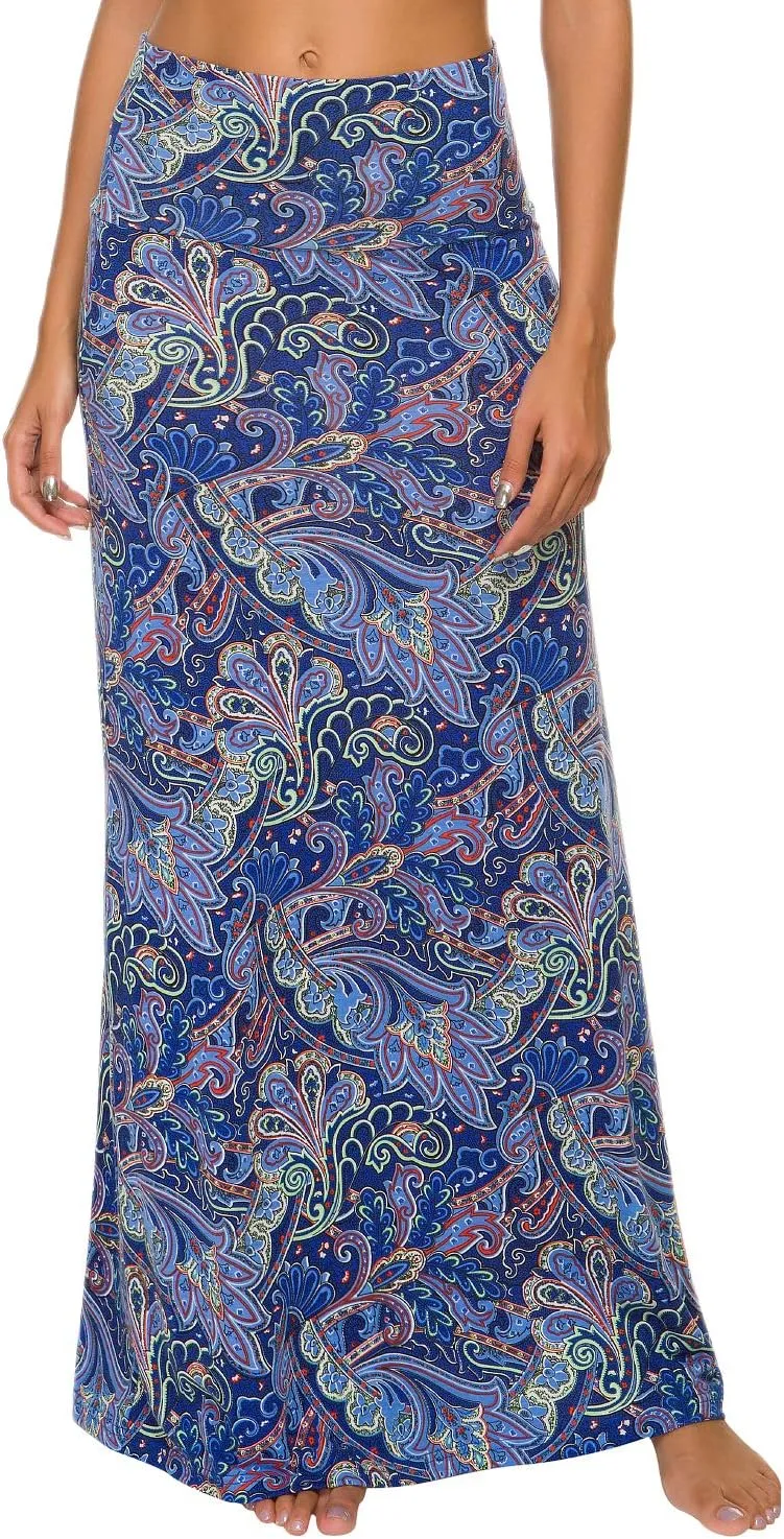 Women's Boho Flod Over Long Maxi Skirt Elastic High Waisted Long Skirts for Women