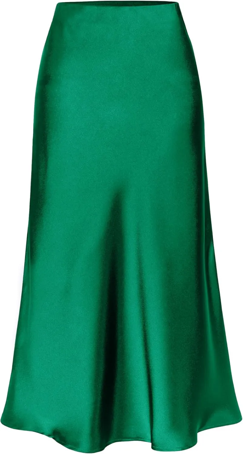Womens High Waisted Satin Midi Skirt Elastic Waist Silk A Line Slit Midi Skirts