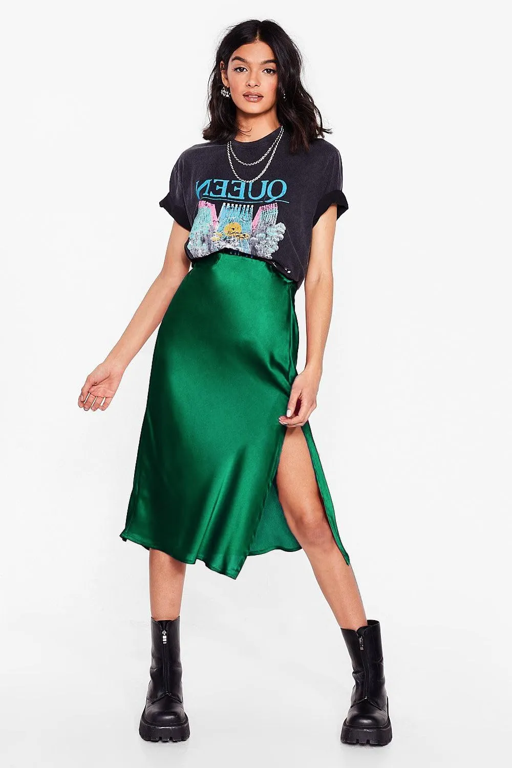 Womens High Waisted Satin Midi Skirt Elastic Waist Silk A Line Slit Midi Skirts