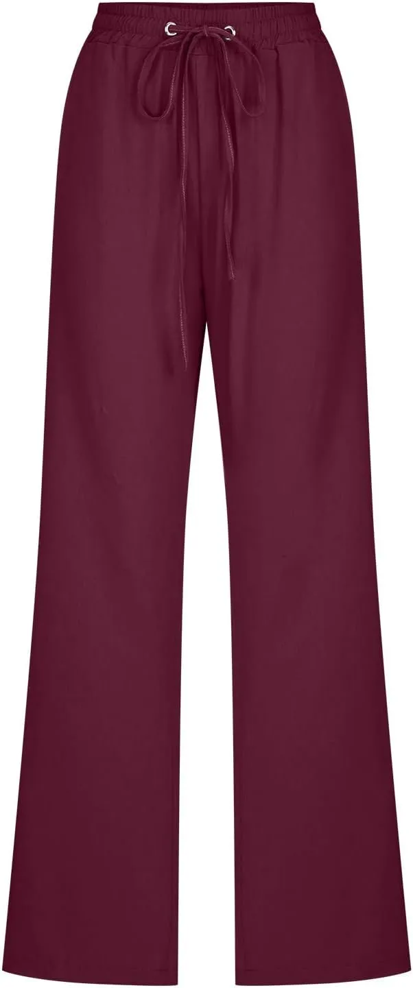 Women's Linen Pant Drawstrings Straight Leg High Waist Trousers Summer Casual Lightweight Breathable Long Pants