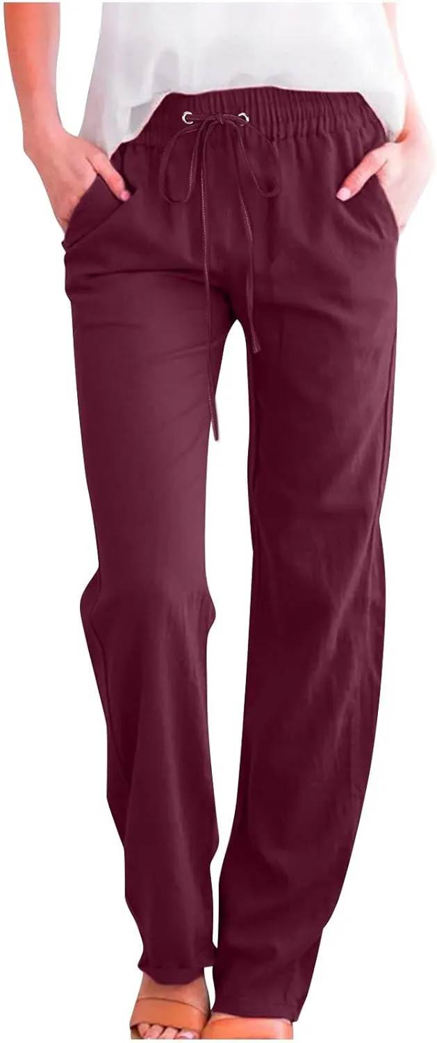 Women's Linen Pant Drawstrings Straight Leg High Waist Trousers Summer Casual Lightweight Breathable Long Pants