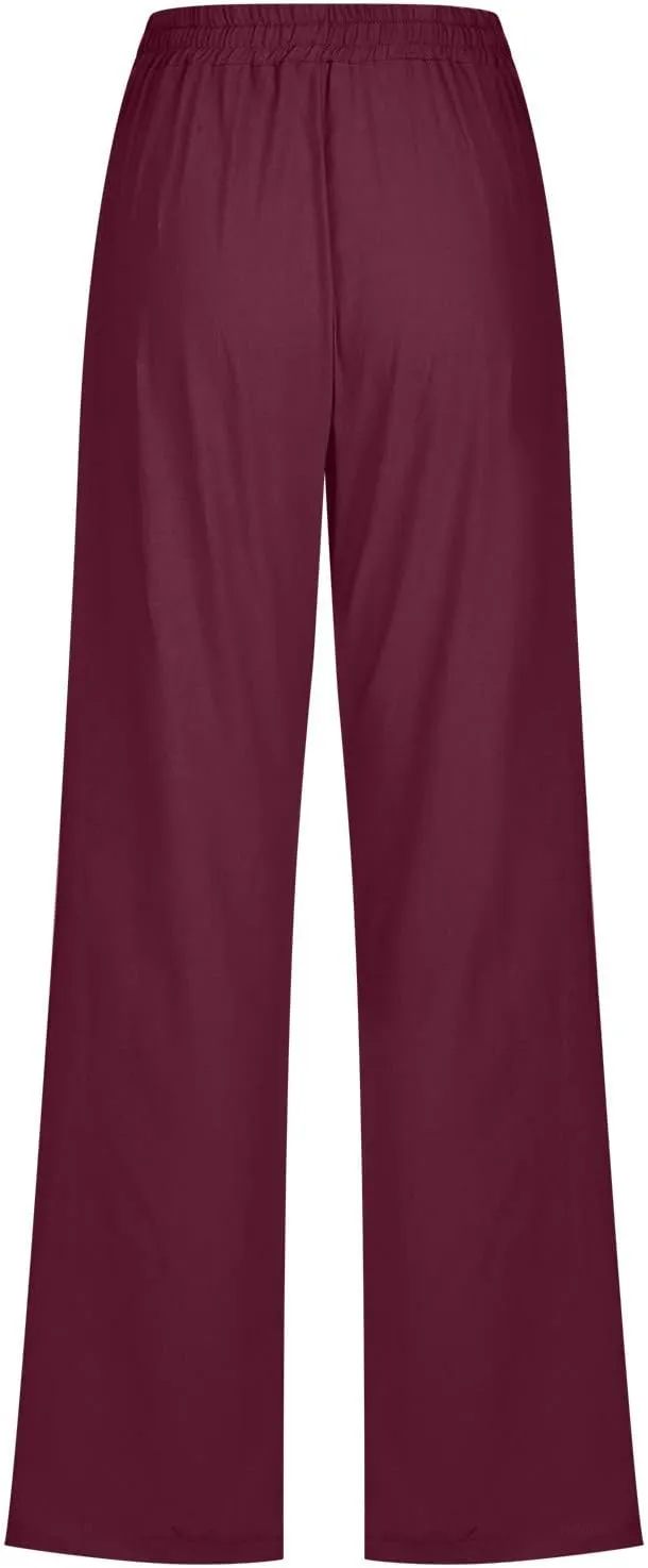 Women's Linen Pant Drawstrings Straight Leg High Waist Trousers Summer Casual Lightweight Breathable Long Pants