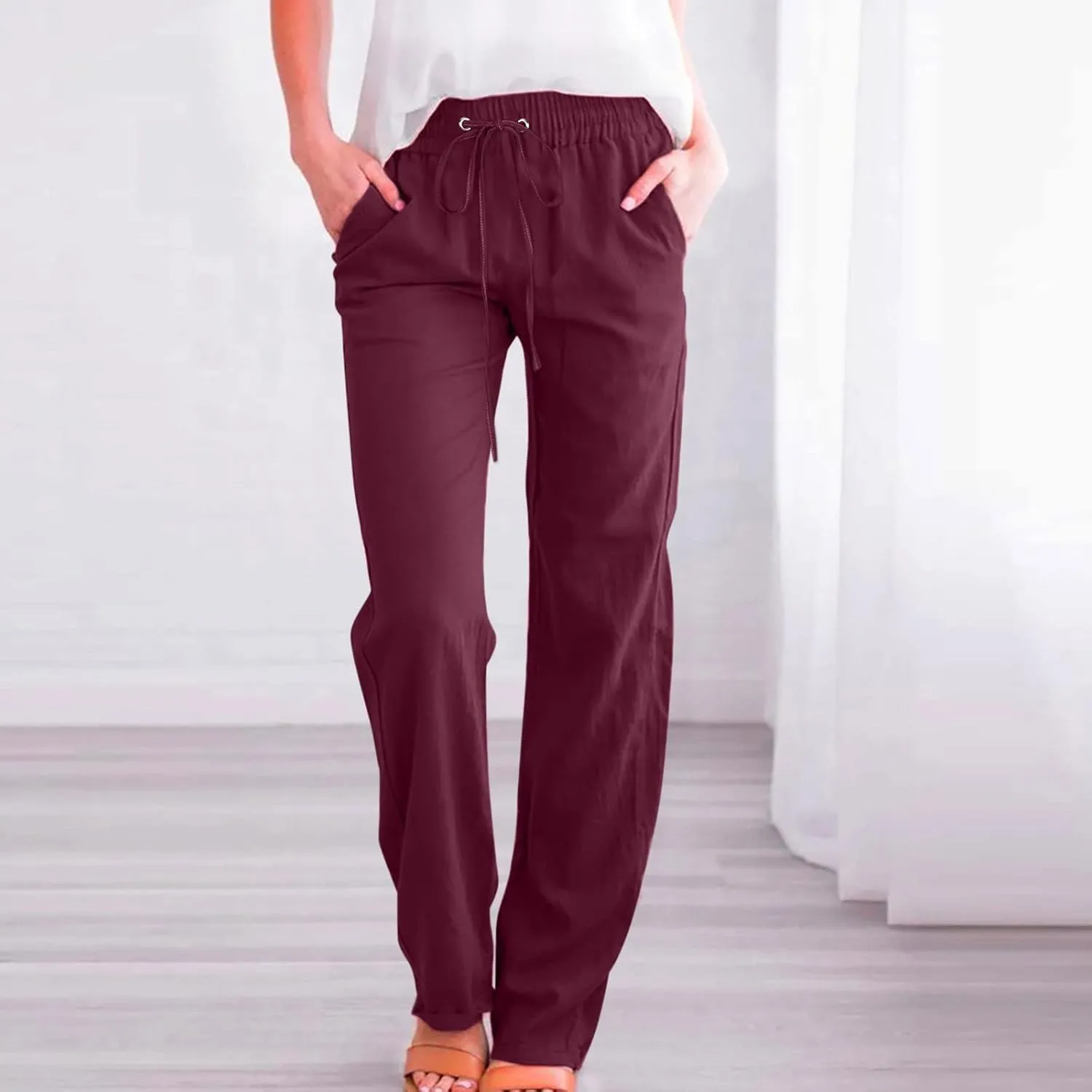 Women's Linen Pant Drawstrings Straight Leg High Waist Trousers Summer Casual Lightweight Breathable Long Pants