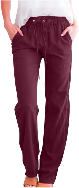 Women's Linen Pant Drawstrings Straight Leg High Waist Trousers Summer Casual Lightweight Breathable Long Pants