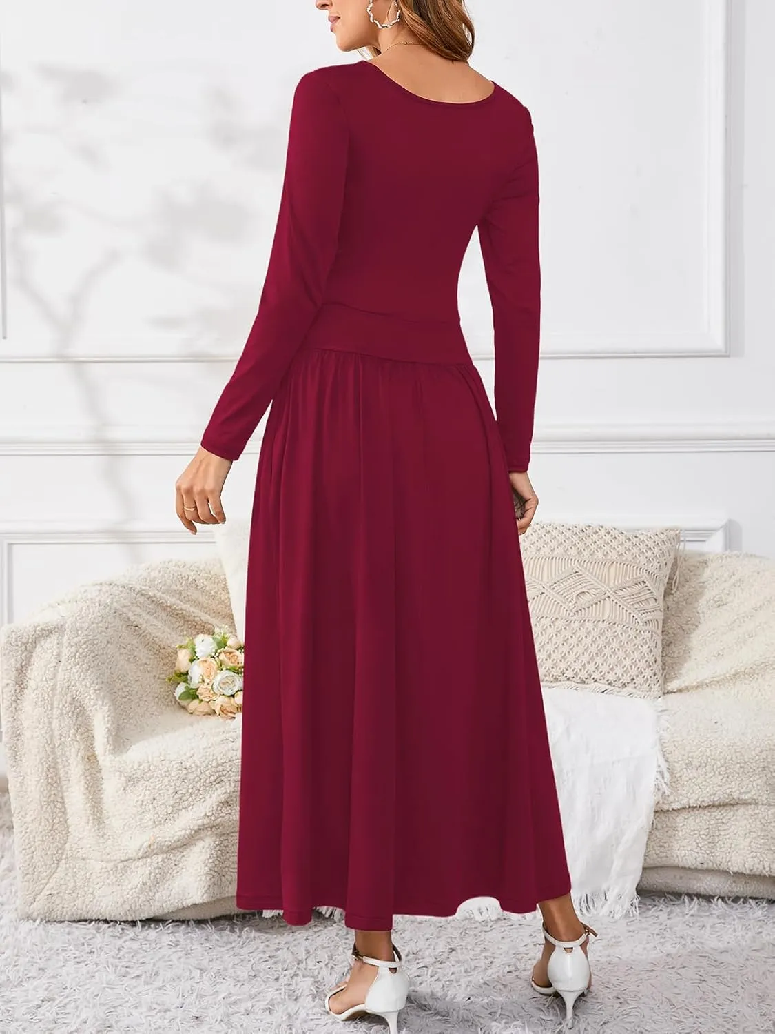Women's Maxi Dress Long Sleeve Boat Neck Plain Empire Waist Casual Winter Party Long Dresses with Pockets