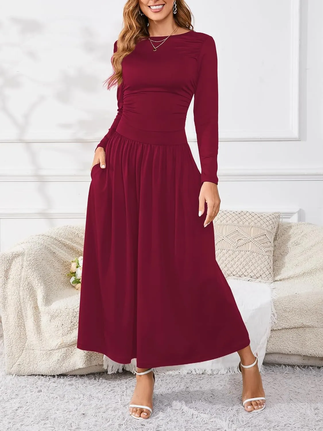 Women's Maxi Dress Long Sleeve Boat Neck Plain Empire Waist Casual Winter Party Long Dresses with Pockets