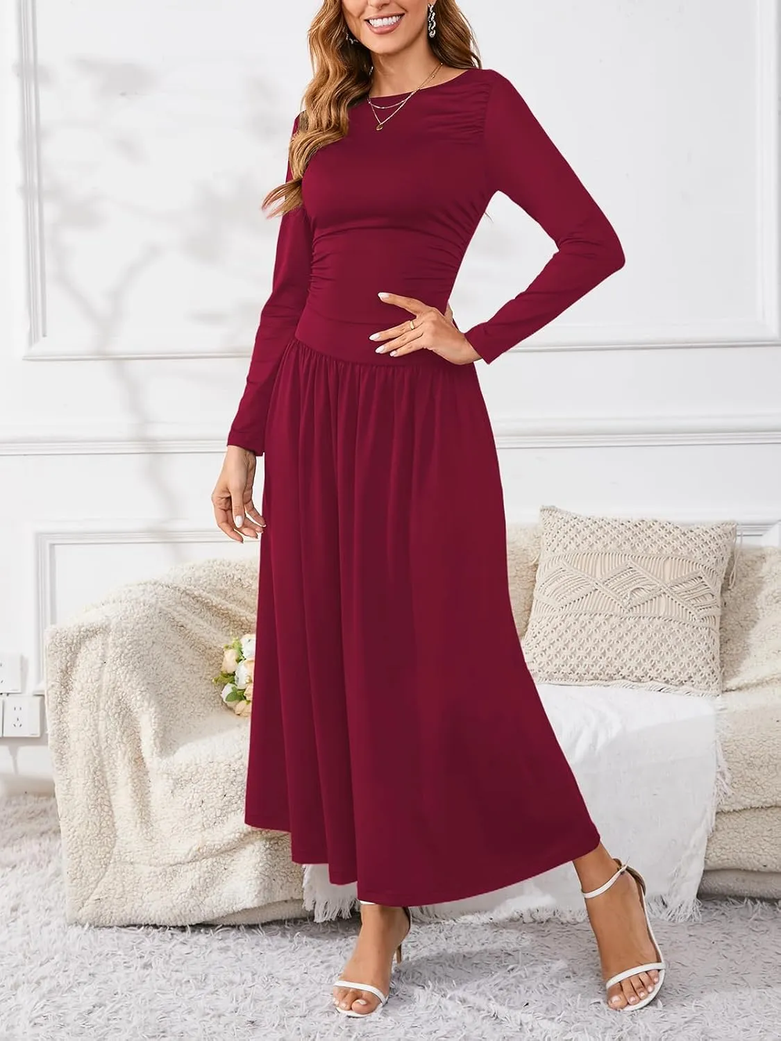 Women's Maxi Dress Long Sleeve Boat Neck Plain Empire Waist Casual Winter Party Long Dresses with Pockets