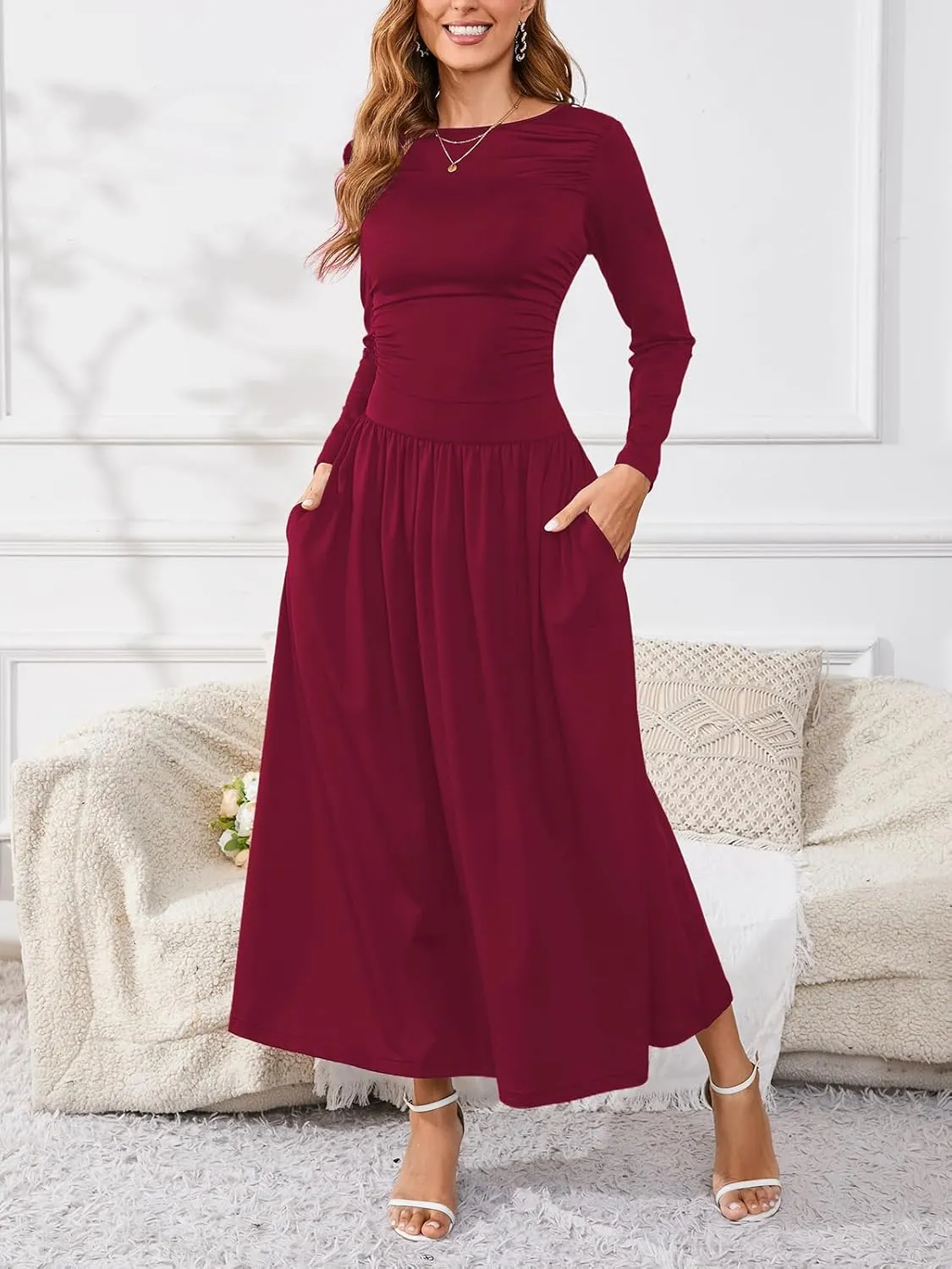 Women's Maxi Dress Long Sleeve Boat Neck Plain Empire Waist Casual Winter Party Long Dresses with Pockets