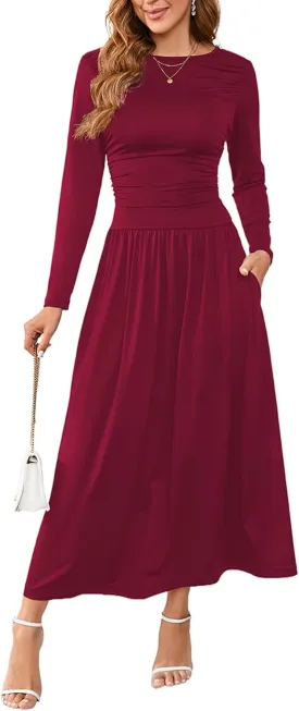Women's Maxi Dress Long Sleeve Boat Neck Plain Empire Waist Casual Winter Party Long Dresses with Pockets