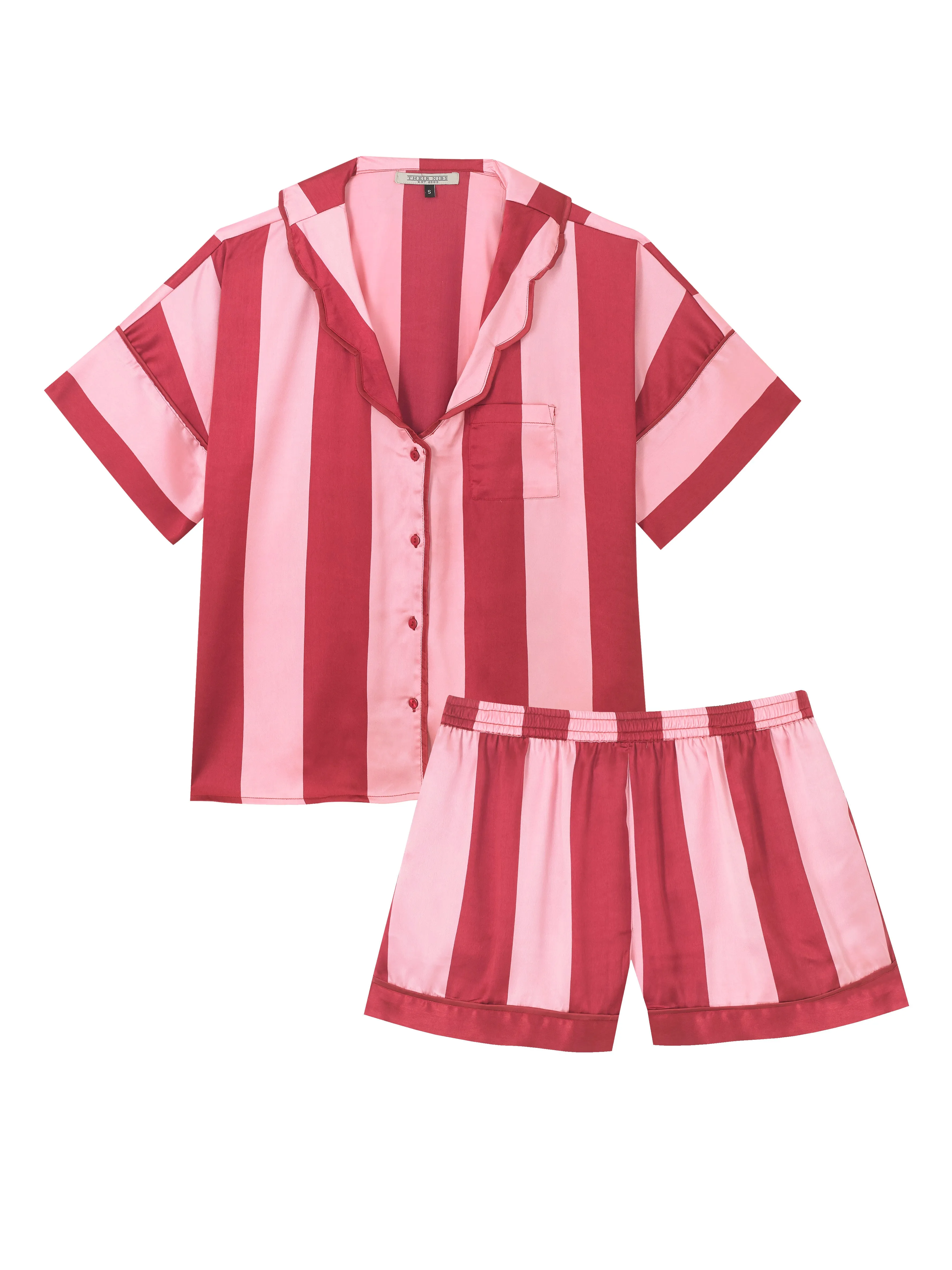Womens Satin Oversized Shortie Pyjamas Pink Stripe