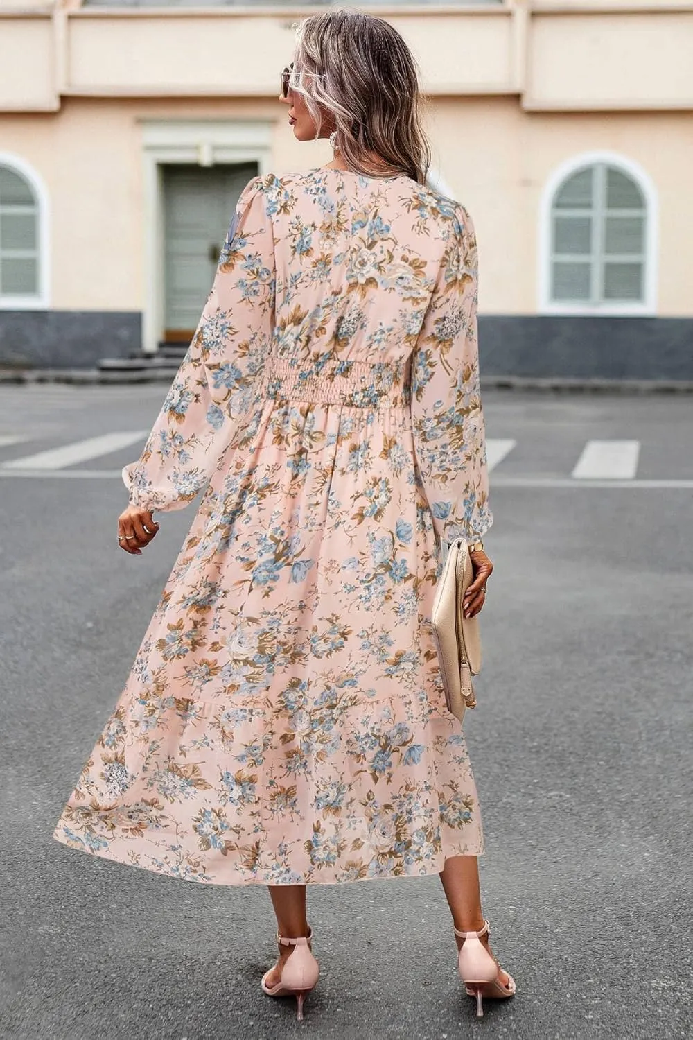 Women's Spring Wrap Maxi Dress Floral V Neck Long Sleeve Wedding Guest Party Casual Chiffon Dress