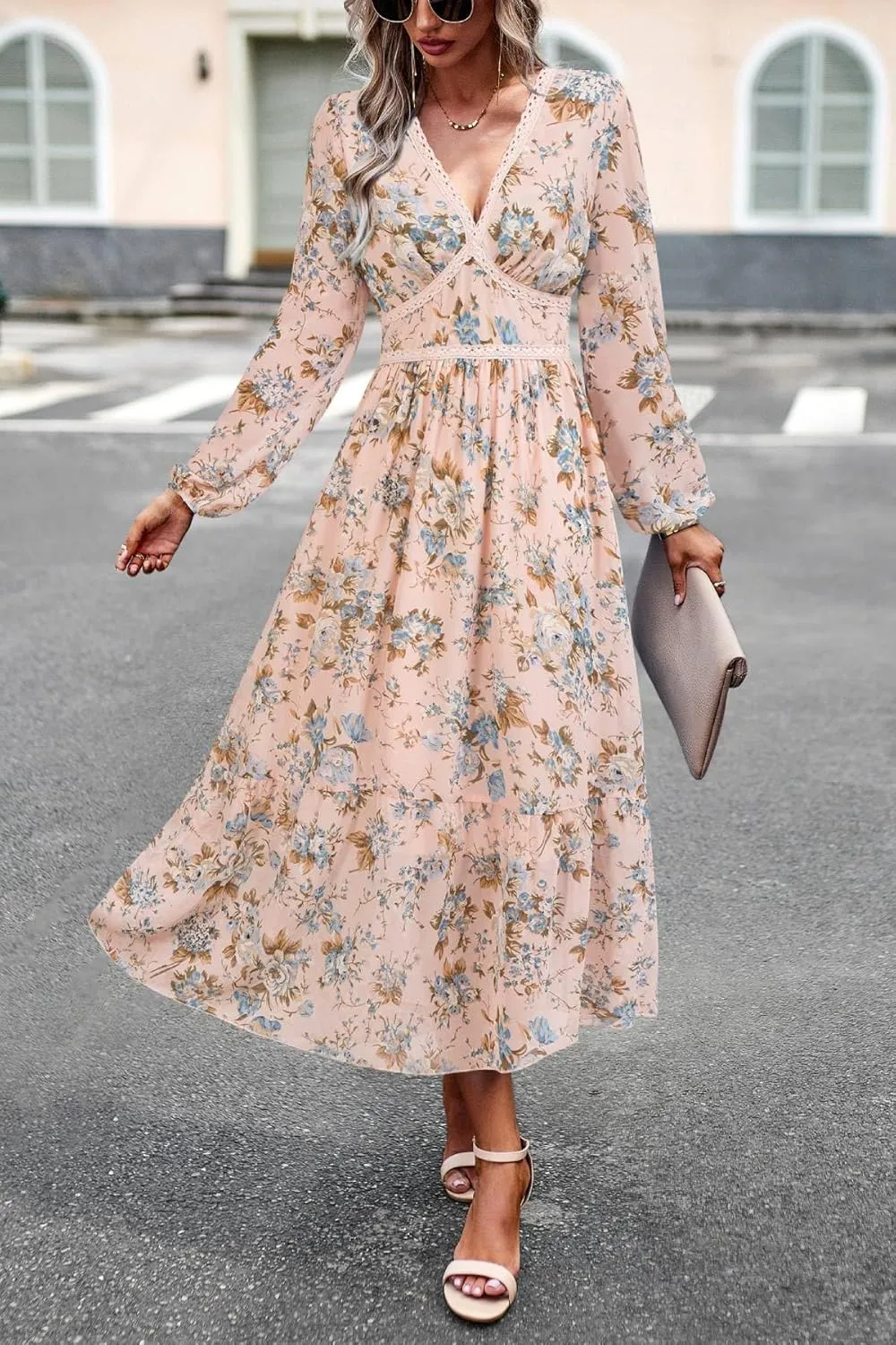 Women's Spring Wrap Maxi Dress Floral V Neck Long Sleeve Wedding Guest Party Casual Chiffon Dress