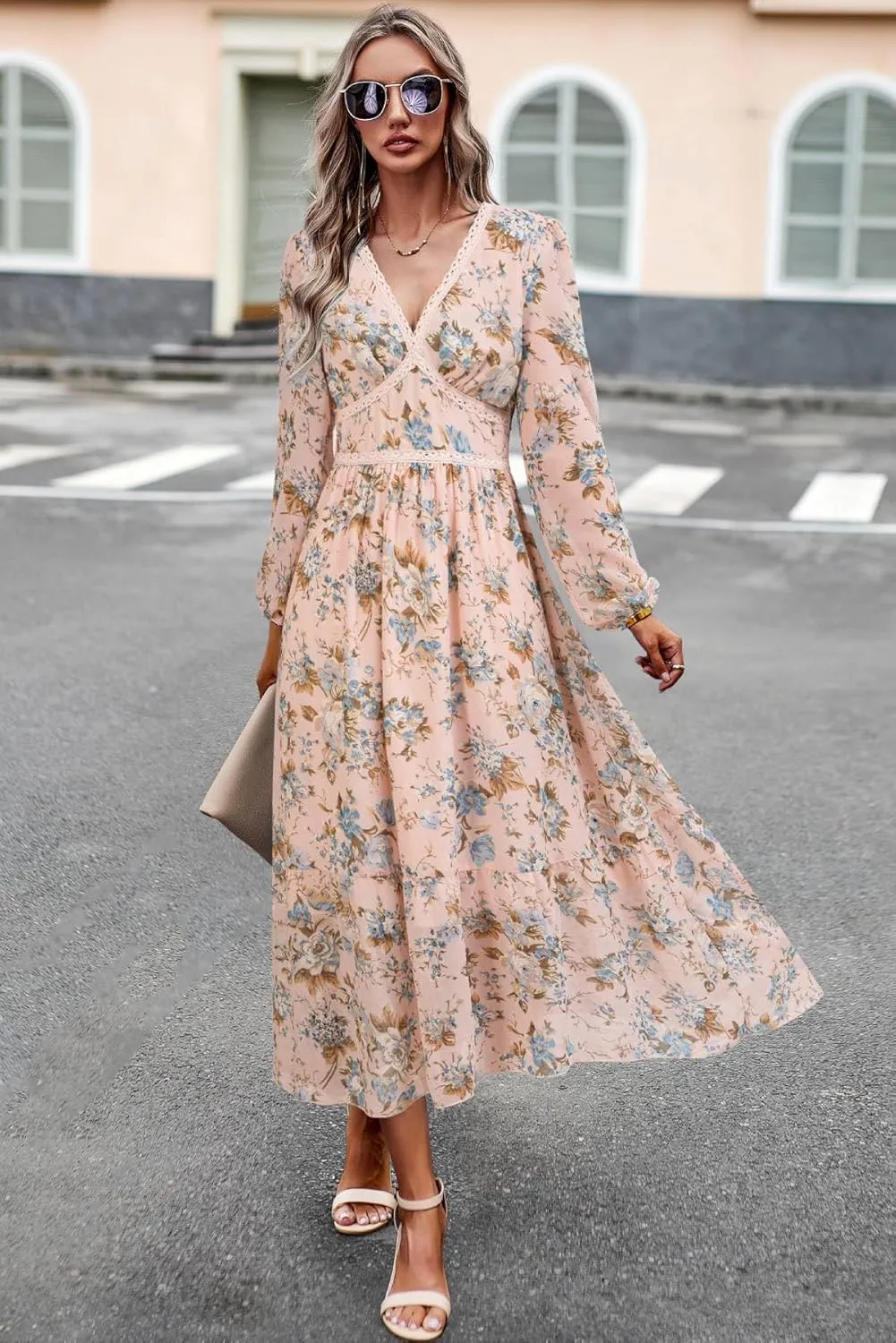 Women's Spring Wrap Maxi Dress Floral V Neck Long Sleeve Wedding Guest Party Casual Chiffon Dress