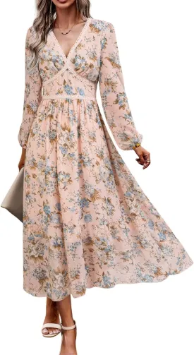 Women's Spring Wrap Maxi Dress Floral V Neck Long Sleeve Wedding Guest Party Casual Chiffon Dress